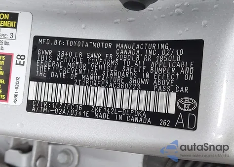 2010 Toyota Corolla Le from USA, damaged, VIN 2T1BU4EE7AC360723